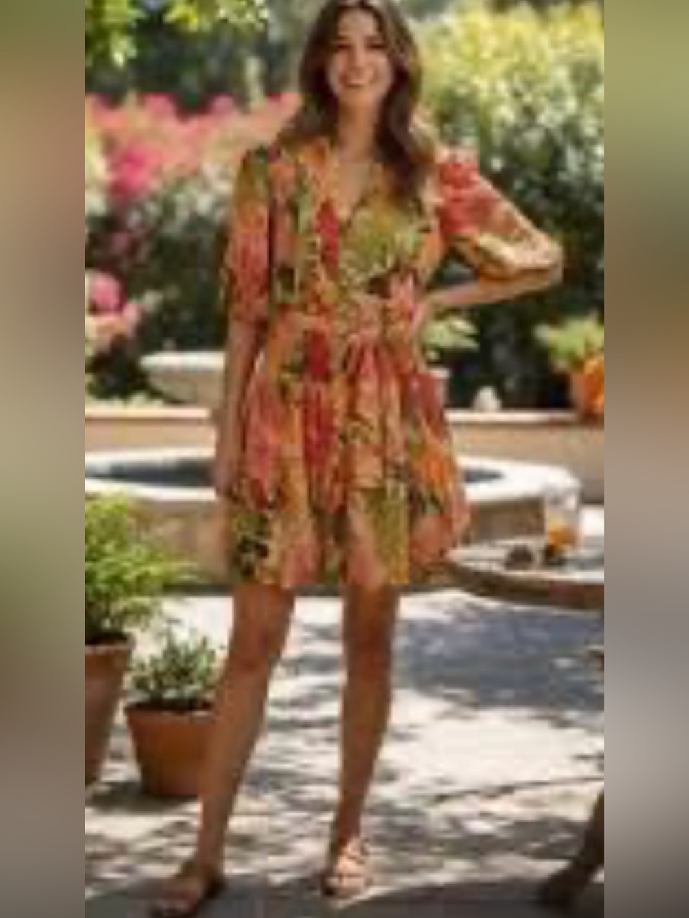 Gibson Latimer Coral and Green Floral Tie-Waist Mini Dress
